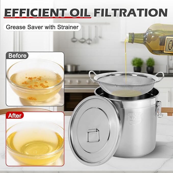 5.5 Gal / 21L Cooking Oil Storage Can Commercial Oil Container with Filter & Lid Metal Bucket Food Storage Containers Airtight for Rice Flour Grain Dog Food Coffee Bean, 304 Stainless Steel -Silver