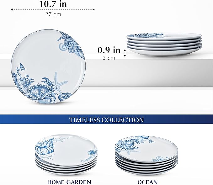 Minh Long 10.7 IN Porcelain Dinner Plates, Set of 6, Chip & Scratch Resistant, Oven Safe up to 482°F, Microwave & Dishwasher Safe, Ceramic Dinner Plates, Ideal size for Serving Steak or Main Course