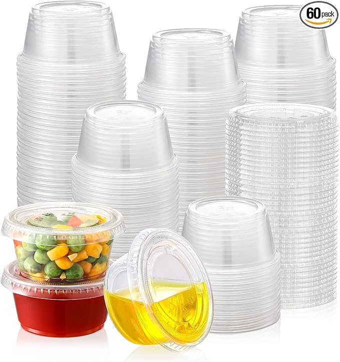 AOZITA 60 Sets - 2 oz Jello Shot Cups, Portion Cups With Lids, Small Plastic Containers with Lids, Airtight and Stackable Souffle Cups