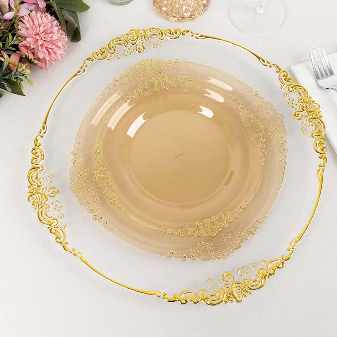 Efavormart 10 Pack | 10" Translucent Gold Baroque Dinner Plates, Leaf Embossed Metallic Rim Shatterproof Serving Plates for High-Fashion Galas