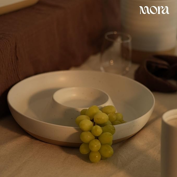 MORA Ceramic Chips and Dip Serving Tray: Large Divided Party Bowl Set for Chips & Salsa, Veggies & Dip, Fruit, Snacks, Entertaining, Hosting, etc. Minimalist Design for the Modern Hostess - Oat