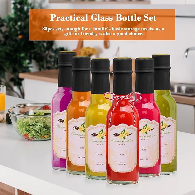 5oz Hot Sauce Bottles With Lids - Clear Woozy With Shrink Capsules, Small Wine Making and Vanilla Extract Glass Bottles - Black Caps Set of 16