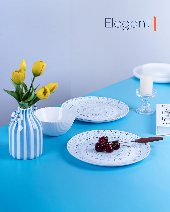 LaGlint 10.5 inch Dinner Plate Set of 6, Lightweight Round Opal Glass Dinnerware Plates, Dishwasher and Microwave Safe, Navy Geometric Floral Mandala Pattern