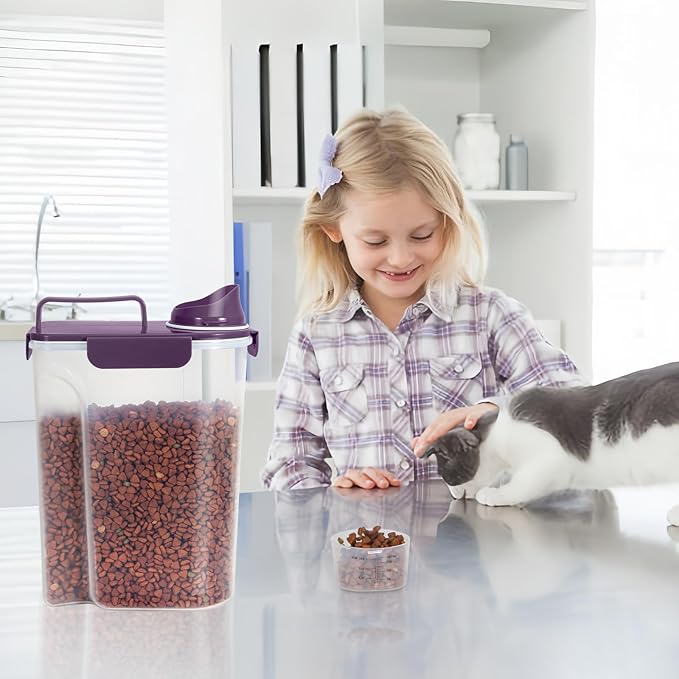 LEAWALK 5Lbs/6Qt Airtight Pet Storage Container Translucent Body, Upgraded Large Nozzle With Handle Design For Cat Dog Bird Food and for Small Animal Kibble, Oatmeal, Rice, Flour, Brown Sugart-Purple
