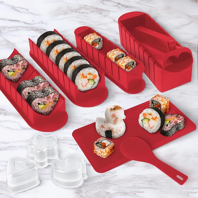 HI NINGER Sushi Maker Set, 24-piece sushi maker kit for beginners to make their own sushi. Can be used as a sushi plate with rice roll molds, knife, sushi plate,sushi rolling mat (red)