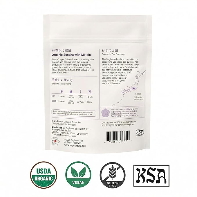SUGIMOTO TEA Japanese Organic Sencha with Matcha Green Tea Bags 12 Count