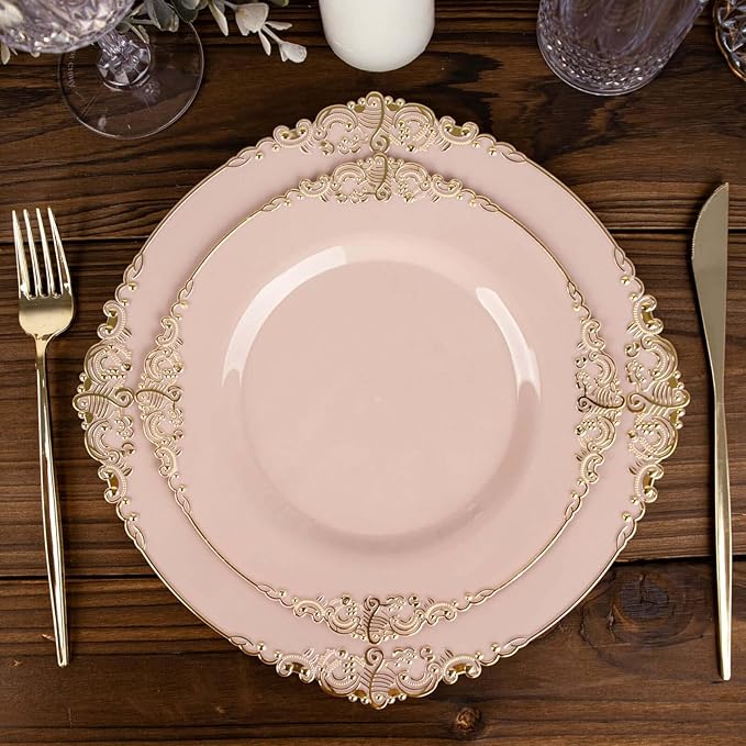 Efavormart 10 Pack | 8" Blush Rose and Gold Baroque Dessert Plates, Leaf Embossed Metallic Rim Heavy Duty Appetizer Plates for Romantic Showers