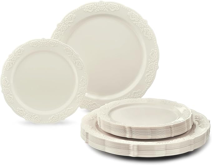 OCCASIONS 240 Pack (120 Guests) Fancy Vintage Disposable Plastic Plates Set, Heavy Duty Wedding Dinnerware Set - 120 x 10.25" Dinner + 120 x 7.5" Salad/Dessert, BPA Free, China-Like (Portofino Ivory)