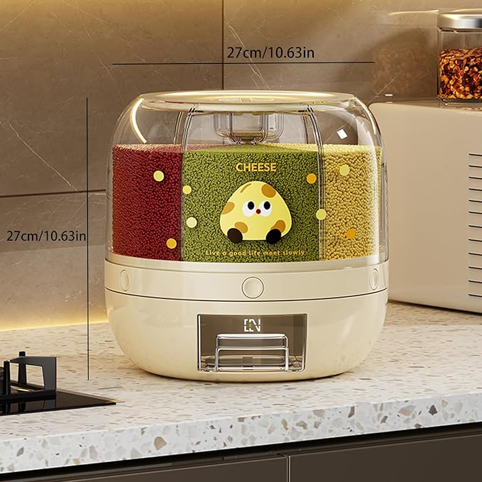 UFORU Rice Dispenser | 360° Rotating Grain Storage Bin - 6 Grids, 20LBS Large Capacity Food Container, Moisture-Proof, One-Click Output for Rice, Beans & Pet Food (Decorative Print)