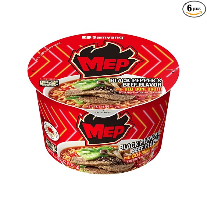 Samyang MEP Black Pepper Beef Ramen, Spicy Korean Instant Bowl Noodle Soup, Rich Bone Broth Ramyeon, Quick Microwave Meal, 3.88 oz (Pack of 6)