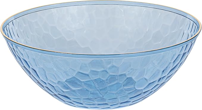 PLASTICPRO 30 Pack 12 Ounce Hammered Plastic Bowls Translucent Blue with Gold Rim Heavyweight Disposable Plastic Soup Bowls Elegant Translucent Hammered Gold Rim Platsic Party Dishes
