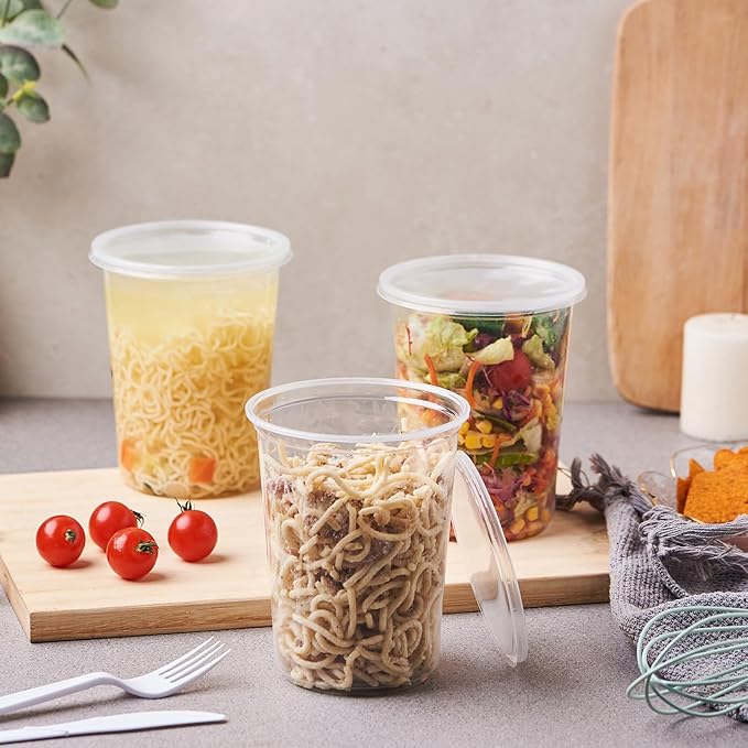 FULING 150 Sets - 32 oz. Plastic Deli Food Storage Soup Togo Containers With Airtight Lids Clear Disposable Takeout Quart Container