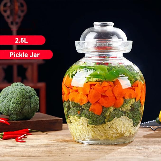 Glass Jar with Lid 2.5 Liter Fermentation Jar, Traditional Fermenting Crock Kit with Water Seal Airlock Lid, Pickle Jar for Pickles Kimchi, Sauerkraut, Wine Brewing, Kombucha