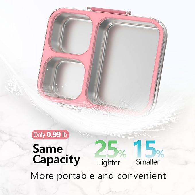 HOMEKOL Stainless Steel Bento Lunch Box, 3-Compartment Leak-Proof Metal Lunch Container for Kids & Adults, BPA-Free, Dishwasher Safe, Clear Tritan Lid, 4.2Cups/1000ml Pink (Not Insulated)