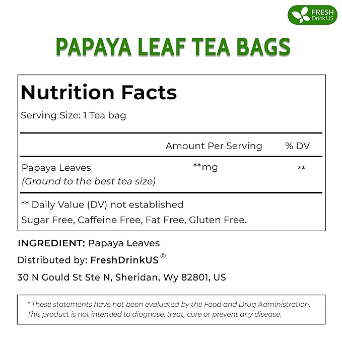 FreshDrinkUS, Premium 40 Papaya Leaf Tea Bags, 100% Natural & Pure from Papaya Leaves. Loose Leaf Herbal Tea. Made with Natural Material Tea Bags. No Sugar, No Caffeine, No Gluten, Vegan.