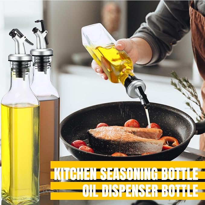 Hushee 15 Pcs Clear Glass Olive Oil Dispenser Bottles Sets Include 8oz Glass Bottle with Spout Oil Vinegar Cruet Container for Kitchen Stainless Steel Funnel Black Labels with White Pen(Silver)