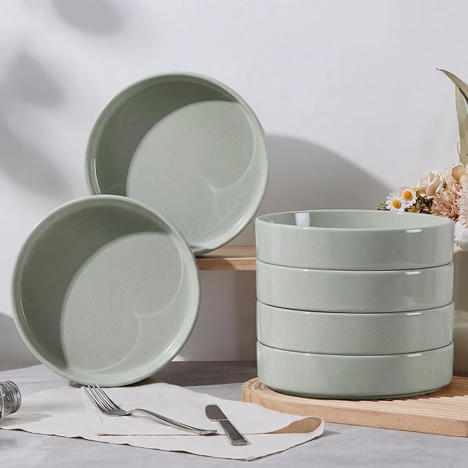 E-far Pasta Bowls Set of 6, 35 oz Large Stoneware Bowl Plates | Shallow & Wide Ceramic Pasta Serving Plates for Salad Dinner Soup | Microwave & Dishwasher Safe, Speckled Green