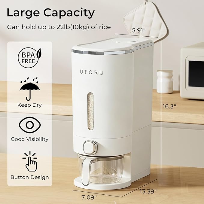 UFORU Rice Dispenser, Rice Storage Container with Measuring Cup for Kitchen Pantry Household, Cereal Dry Food Storage Containers Airtight, Sealed Moisture Proof (White 22 Lbs)