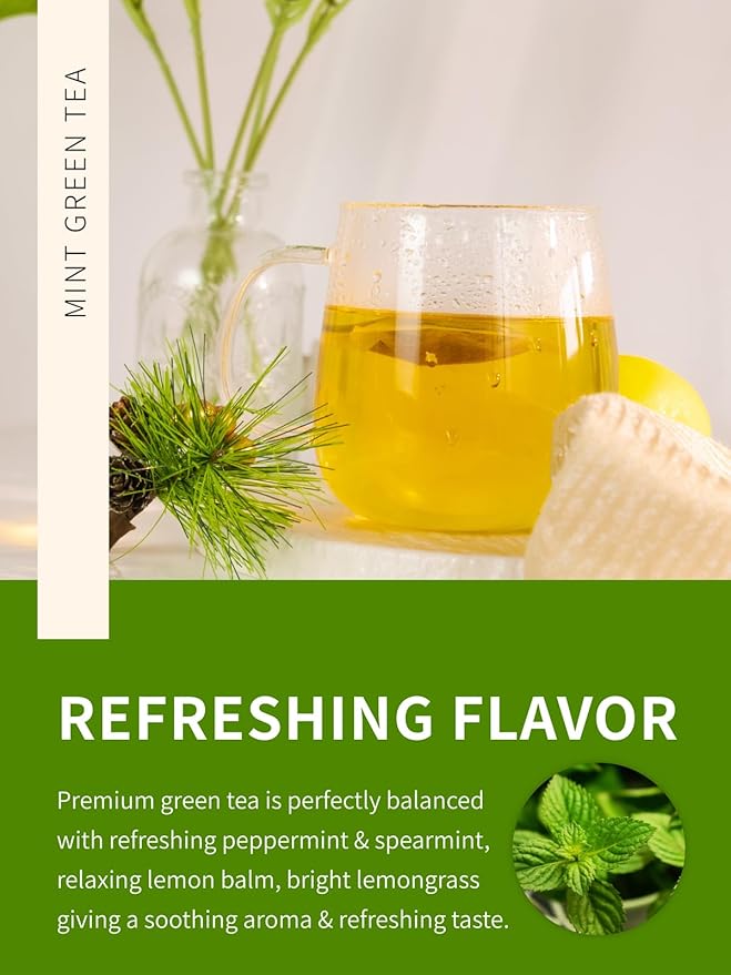 TeeLux Mint Green Tea Bags, Green Tea with Peppermint, Spearmint and Lemongrass, Caffeinated, 100% Real and Natural, 100 Count