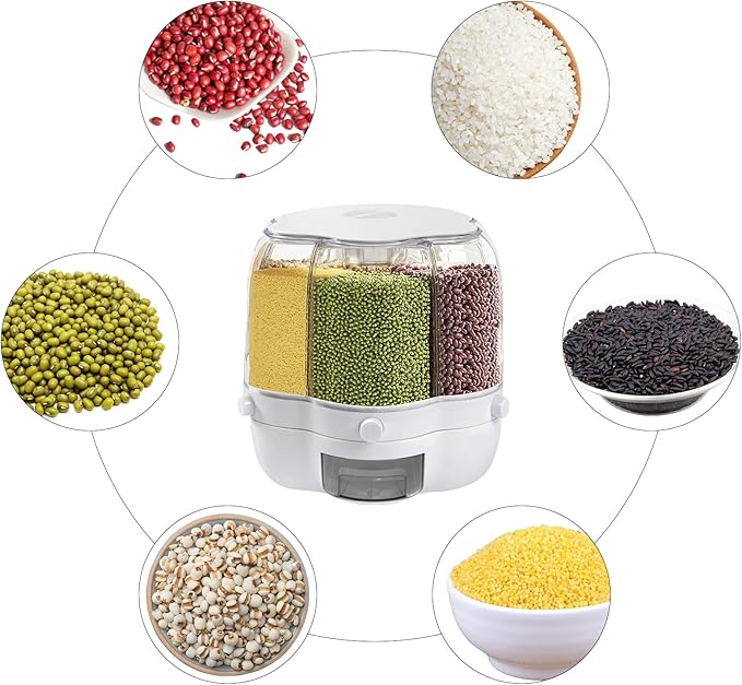 360° Rotating Grain Dispenser With 6 Grids, 13.2lbs Large Capacity Grain Dispenser Rotating Kitchen Storage Containers With Sealed Lid For Peanut Barley Millet And Cereal (White, 17.6 lbs)