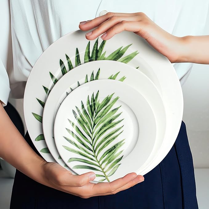 IQCWOOD Fine Bone China 8" Salad Plate with Leaf Pattern, 6-Piece Dessert Appetizer Flat Plates, Modern Round Plate, Microwave & Dishwasher Safe
