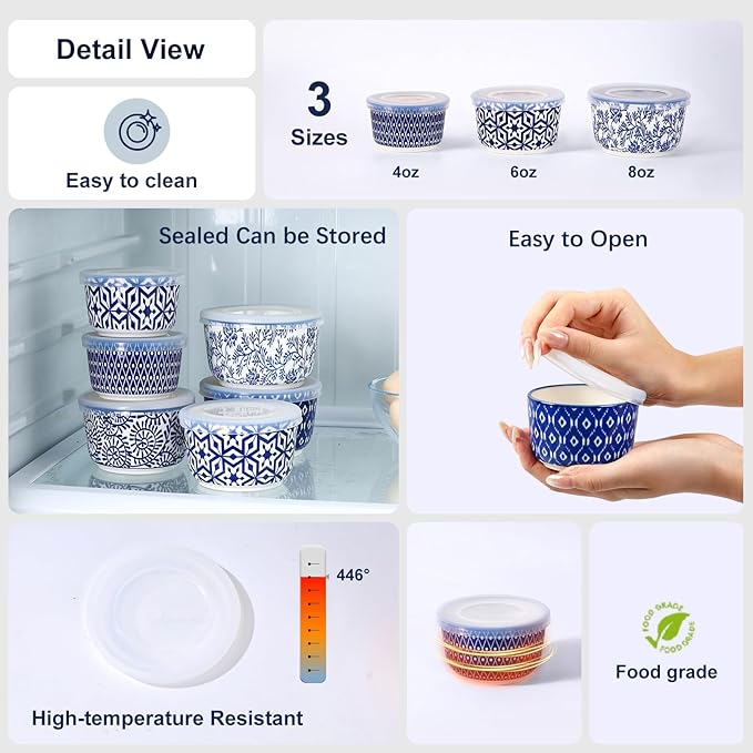 Selamica Ramekins with Lids 4 oz Oven Safe, Creme Brulee Ramekins Souffle Dishes with Covers, Stackable Ceramic Mini Ramekin Bowls Set for Dipping, Custard, Pudding, Baking, Set of 6, Vintage Blue