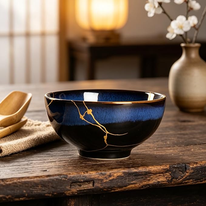 Authentic Kintsugi Bowl with Genuine 24K Gold, Handcrafted Japanese Wabi Sabi Zen Decor, Deep Blue Ceramic, Healing and Resilience Gift