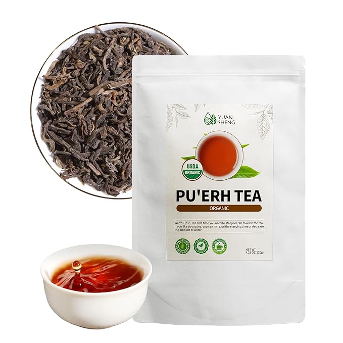 YUANSHENG Pu erh Tea Organic Loose Leaf, Chinese Yunnan Aged Fermented tea, Rich Antioxidants, USDA Organic Ripe Puerh tea, Deep Earthy Flavor, Digestive Health & Wellness tea, 4.23 Oz