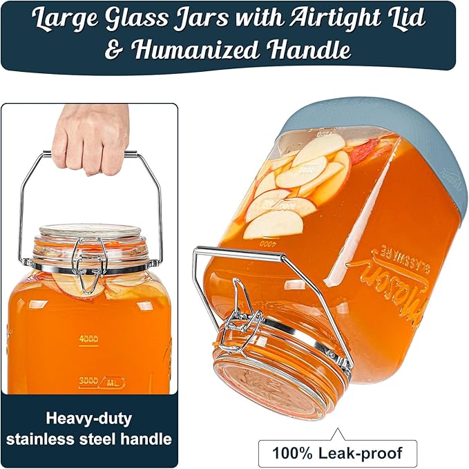2 Pack 1.5 Gallon Glass Jar With Airtight Lid, Square Large Mason Jars Wide Mouth with Scale Marks and Stainless Steel Handle-192 Oz Non-slip Glass Storage Containers for Flour Sugar Cookie