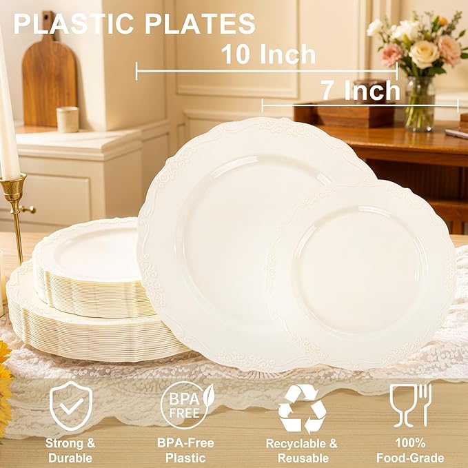 U-QE 100 Pieces Ivory Plastic Plates for Party - Ivory Disposable Plastic Plates - Heavy Duty Disposable Platos Including 50 Dinner 10 '' & 50 Dessert 7.5 '' for Weddings