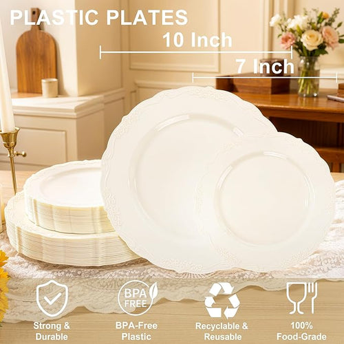 U-QE 100 Pieces Ivory Plastic Plates for Party - Ivory Disposable Plastic Plates - Heavy Duty Disposable Platos Including 50 Dinner 10 '' & 50 Dessert 7.5 '' for Weddings