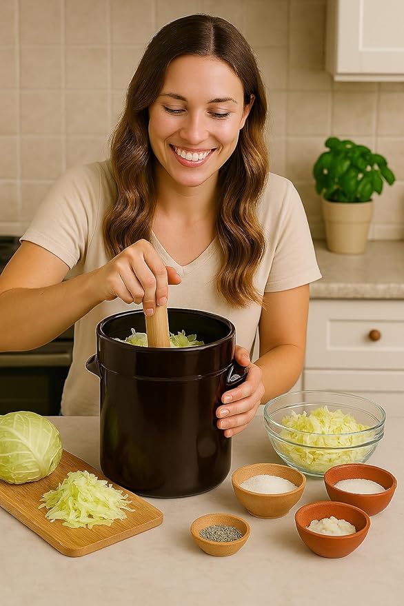 Humble House Fermentation Crock 1/2 Gallon Sauerkrock Sauerkraut Crock with Lid Weights & Pounder - Blue Ceramic Fermenting Crock Kit for Pickling Cabbage Kimchi Vegetables 2 Liter Fermentation Jar