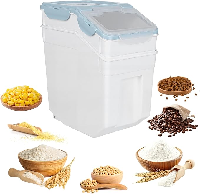 2 Pack 55 Lbs Airtight Rice Storage Container, Large Pantry Bin with Locking Lid & Wheels, Food-Grade PP Dry Goods Dispenser with Measuring Cup for Flour Grain Cereal Pet Food Kitchen Organization Bl