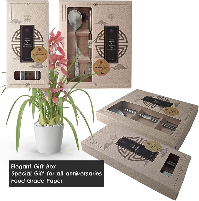 [1 Set] [Made in Korea] Orchid Design Korean Style Sticky Rice Spoon Chopsticks Set Silverware Set 304 Stainless Steel Cutlery Set Soup Spoon Ramen Chopsticks Flatware (1 Set)