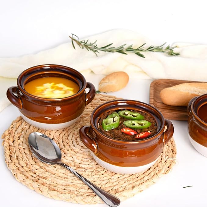 Vumdua French Onion Soup Bowls with Handles, 28 oz Ceramic Soup Crocks Oven Proof Soup Bowls for Chilli, Cereal, Pot Pies - French Onion Soup Crocks, Oven, Broil & Dishwasher Safe, Set of 4