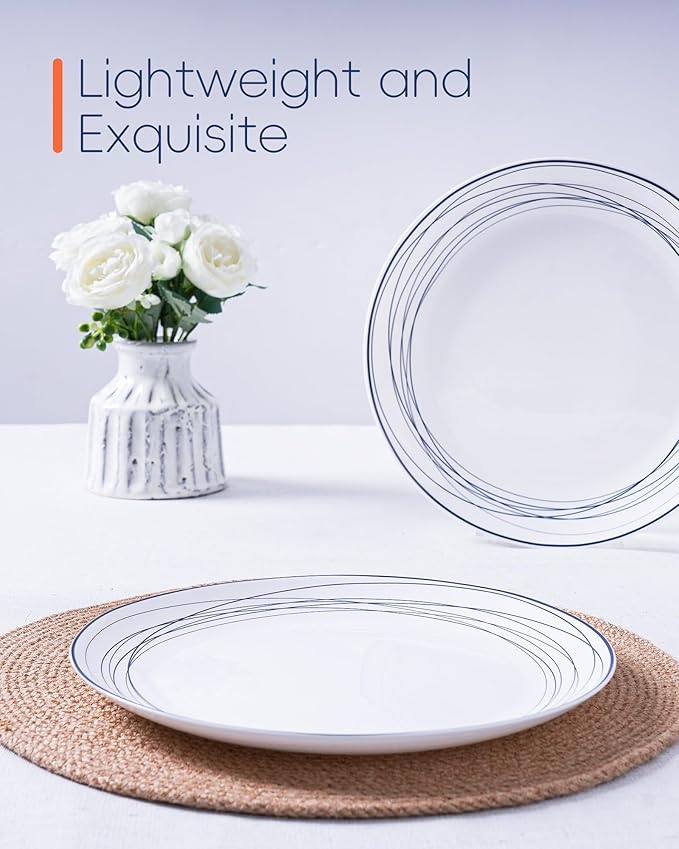 LaGlint 10.5 inch Dinner Plate Set of 6, Lightweight Round Opal Glass Dinnerware Plates, Dishwasher and Microwave Safe, Blue Modern Geometric Design