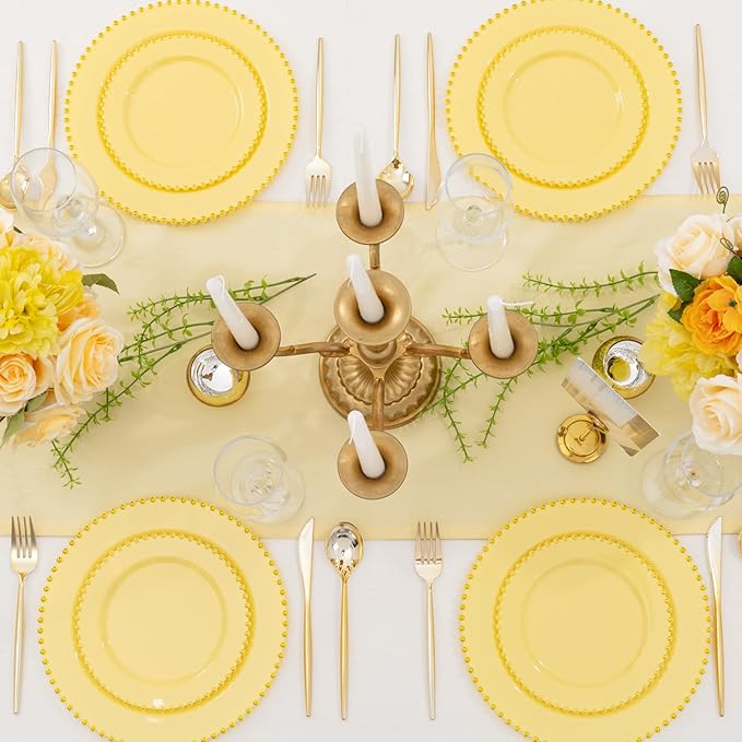 Supernal 100pcs Yellow Plastic Plates,Heavy Duty Plastic Plates,Yellow Party Decorations with Gold Beaded Including 50 Dinner Plate and 50 Disposable Dessert Plate,Pretty Disposable Platos for Wedding