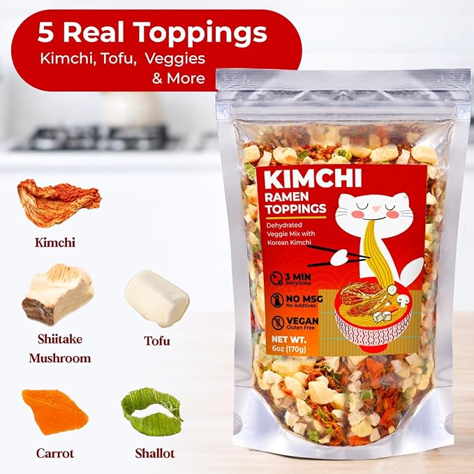 Dried Kimchi Ramen Toppings 6oz - 5 Ingredients Korean-Style Dehydrated Vegetable Mix, Vegan, No MSG, Preservative Free, Dried Vegetables for Instant Ramen Noodles, Soup (170g)