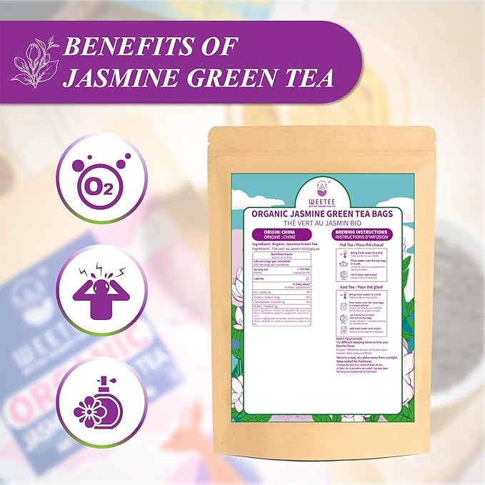 WT WEETEE Organic Jasmine Green Tea Bags, Organic Jasmine Scented Green Tea 100 Count, Refreshing & Relaxing, Coffee Alternative, No Artificial Flavors