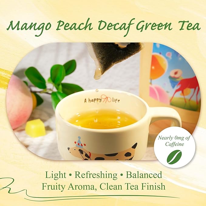 WT WEETEE Mango Peach Decaf Green Tea Bags  50 Count, Flavored CO₂  Decaffeinated Green Tea, Natural Mango & Peach Flavoring, No Add Sweeter