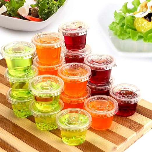 TashiBox 1oz-100 Sets Plastic Disposable Jello Shot Cups with Lids/Souffle Portion/Sauce Salad Dressing/Condiment Cups, 100 pack Clear Plastic Disposable Food Containers with Lids (1 Ounce)…