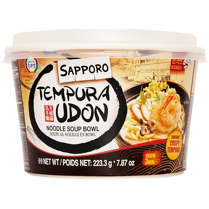 Surasang Tempura Udon Noodle Bowl - Instant Noodles with Tsuyu Soup Base, Katsuobushi & Tempura Flakes, 3-Minute Microwave Meal, 7.87 oz – Pack of 6