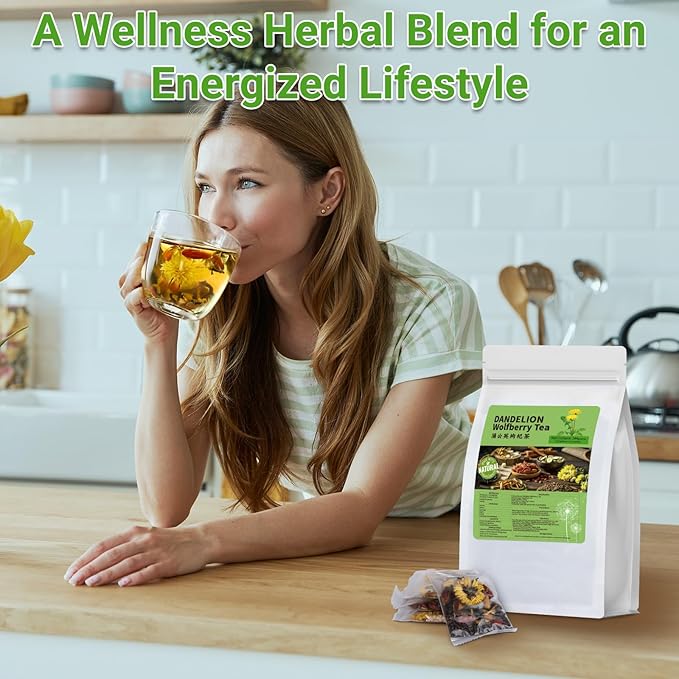Dandelion Wolfberry Tea, Chinese Traditional 7 Natural Herbs Formula Blend Support Kidney & Liver Health Dandelion Root Tea Bags (2 Pack/24 Bags)