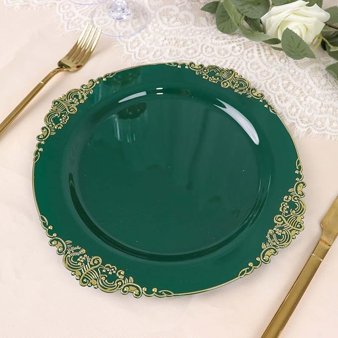 Efavormart 10 Pack | 10" Hunter Emerald Green and Gold Baroque Dinner Plates, Leaf Embossed Metallic Rim Heavy Duty Serving Plates for Forest Themes