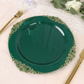 Efavormart 10 Pack | 10" Hunter Emerald Green and Gold Baroque Dinner Plates, Leaf Embossed Metallic Rim Heavy Duty Serving Plates for Forest Themes