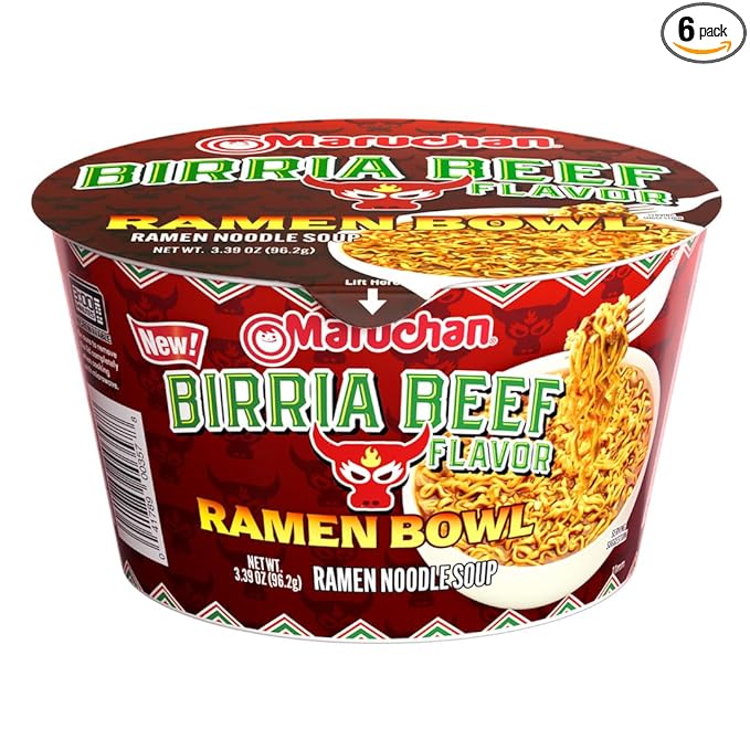 Maruchan Ramen Bowl, Birria Beef Flavor – Japanese-Style Instant Noodle Soup, Microwaveable Easy Meal for Students & Busy Families – 3.39 Oz. (6 Pack)
