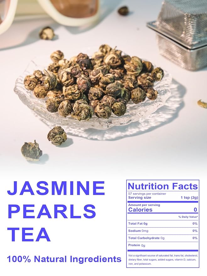 TeeLux Jasmine Pearls Green Tea, Handrolled Green Tea Loose Leaf with Delightful Aroma, Natural Jasmine Pearl Tea, 4 Ounce