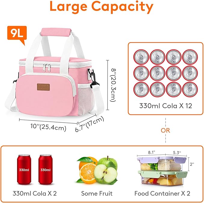 Lifewit Medium Lunch Bag, Insulated Lunch Box, Soft Cooler Cooling Tote for Adult Men Women, Light Pink 12-Can (9L)