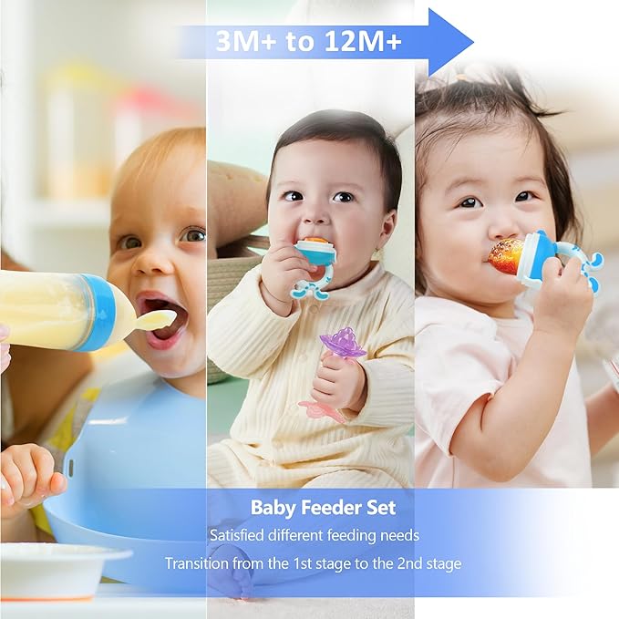 Baby Fruit Feeder Pacifier | 2 Infant Food Feeder Pacifier & Baby Food Dispensing Spoon | Mesh Fresh Fruit Teethers for Babies Teething Feeders | Shower Gifts for Boys and Girls (Blue)