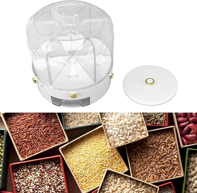 Grain Storage Container Rotatable Rice Dispenser Box 6 Grid Grain Dispenser 360 Degree Rotating Food Dispenser Cereal Dispenser Countertop for Beans Rice Grains(white)